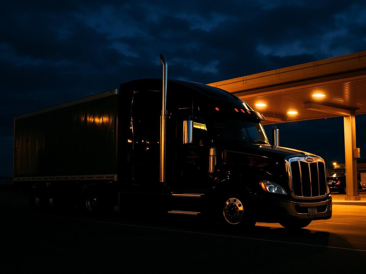 GTL tractor and dry van at a truck stop at night